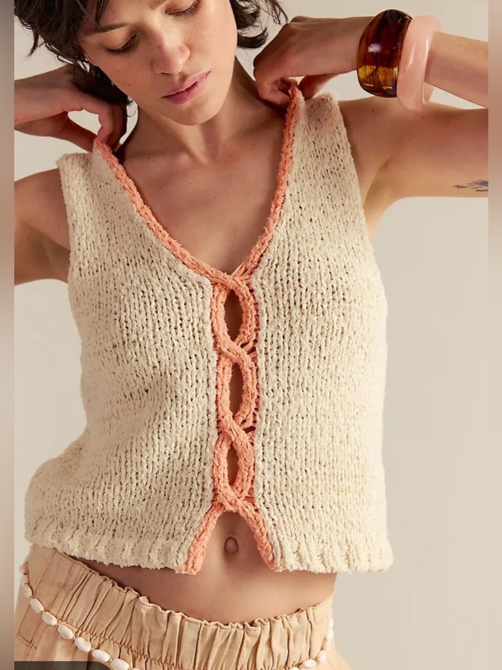 Free People Sicily Sweater Shell NWT Crochet Ivory combo